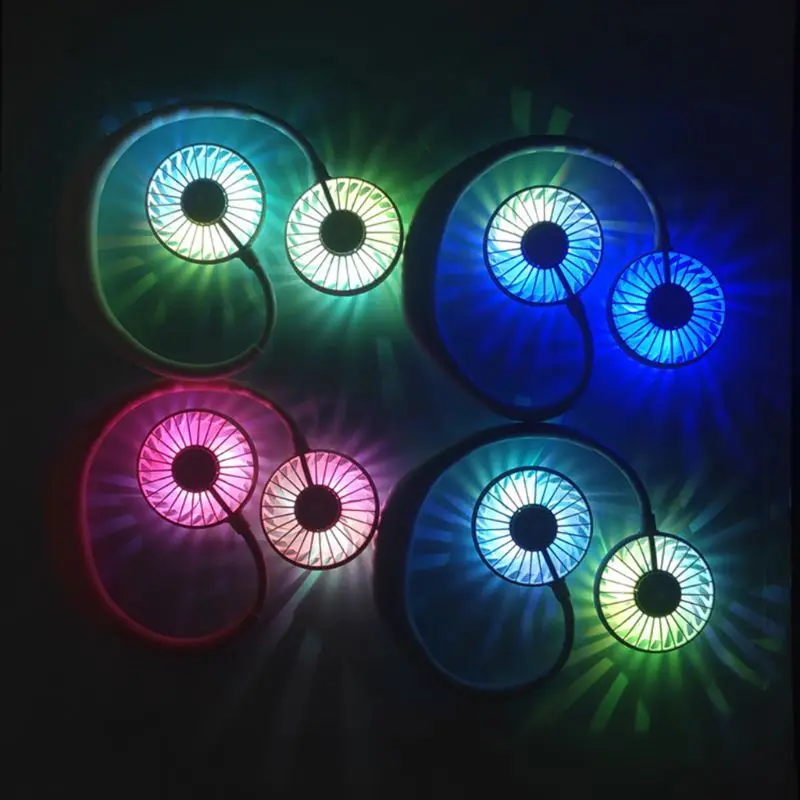 

Mini Hand Free small fan battery mini portable fan with colorful lights two fans Hanging around the neck for sport