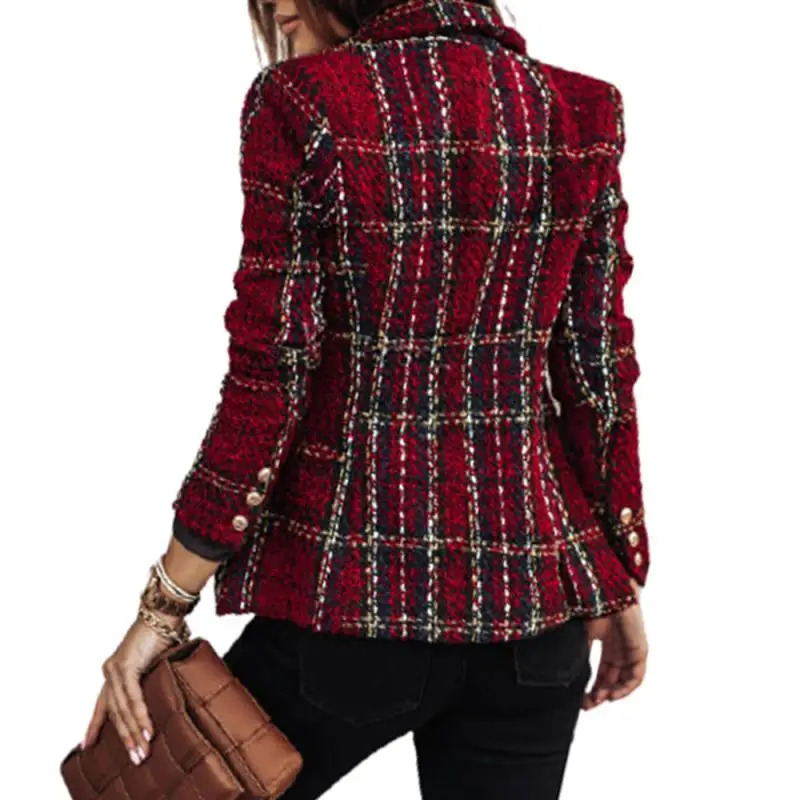 

Women Blazer Jacket Coat Winter Double Breasted Plaid Print Slim Blazer Jacket Long Sleeve Coat Outerwear Women Clothing