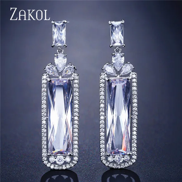 White Color ZAKOL прозрачные длинные висячие серьги с большим багетом из кубического циркония для женщин, свадебные вечерние ювелирные изделия FSEP2326 - Окраска металла: White Color