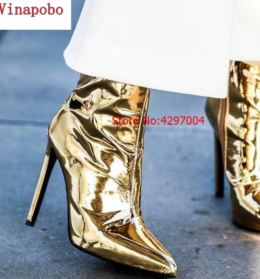 Женские зимние ботинки из лакированной кожи золотистые серебристые полусапожки
