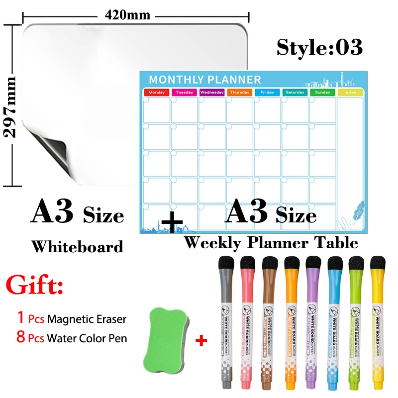 

Magnetic Monthly Weekly Planner + Magnetic Whiteboard A3 Size Dry Erase Calendar Table Kitchen Recipe Memorandum Message Board