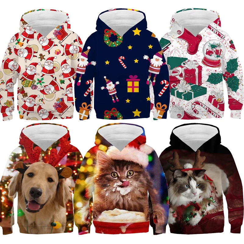 

Kids 3D Cute Christmas Cat Dog Hoodie Sweatshirt for Teens Girls Boys Autumn Winter Children Cartoon Pullovers Outwear Tops Coat