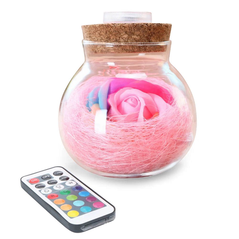

Rose Soap Flower Colorful Wishing Bottle with Remote Control Adjustable LED Lights in Preserved Glass Cover Valentines Day Gifts