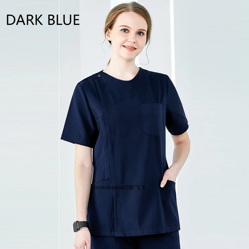 

Women Scrub Top Cotton Zipper Opening Front Uniforms Summer Round Collar Spa Beauty and Health Workwear Clothes Nurse Costume