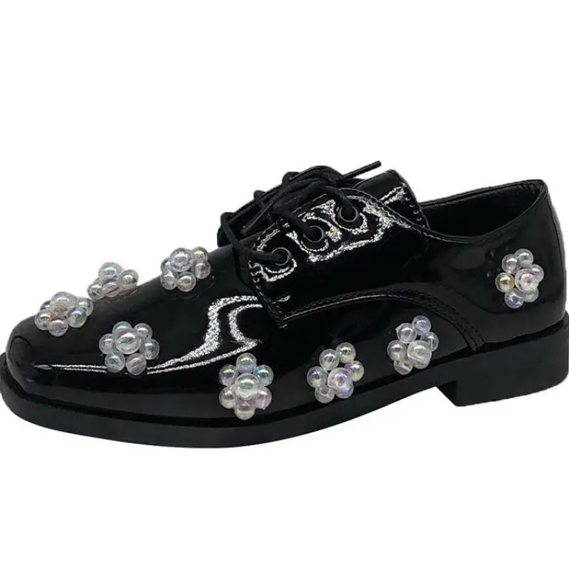 

2021 Spring Flats Shoes Woman New British Style Single Shoe Pearl Retro Lace Up Casual Loafers Flat Platform Round Toe Women