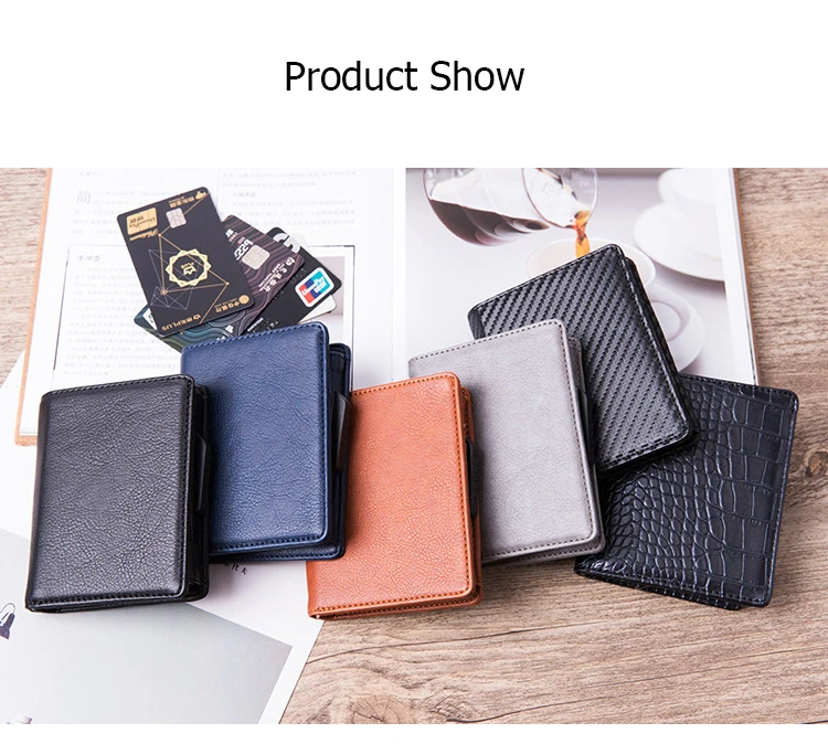 BYCOBECY из искусственной кожи RFID Модный чехол для карт алюминиевая коробка Высокое качество Многофункциональный визитница кошелек всплывающий держатель для карт