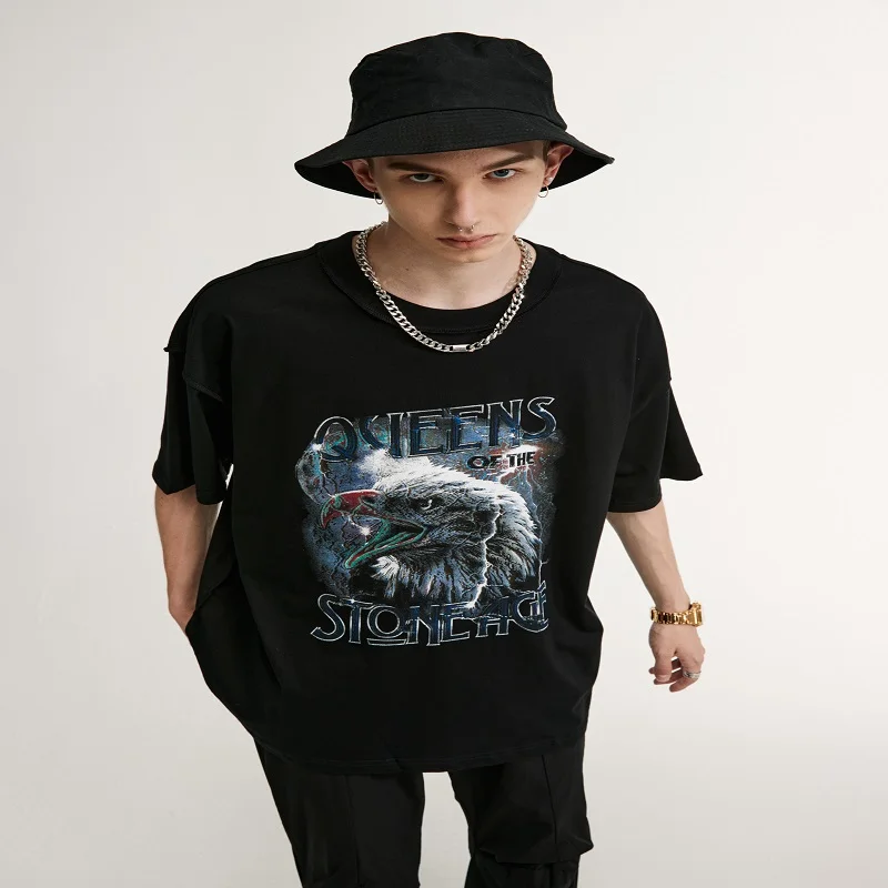 

2021 summer new street personality eagle print loose men's short-sleeved T-shirt