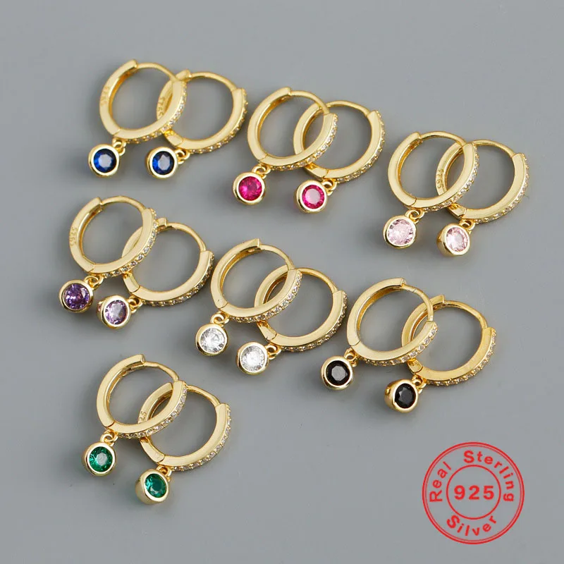 

100% Real 925 Sterling Silver Colorful Bead Zircon Small Hoop Earrings Simple INS White/Black/Green/Rosered /Purple CZ Earings