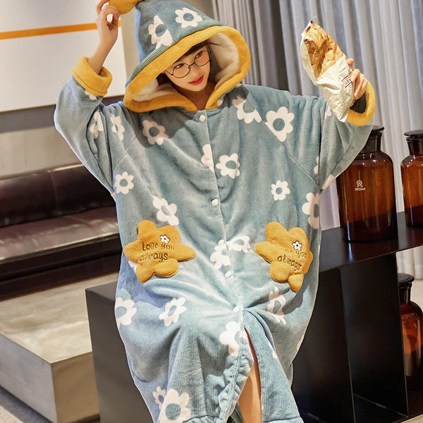 

Women's Home Clothes Flannel Sleepwear Flowers Hooded 2020 Women Nightgown Lightgreen Pajamas Winter Thick Sleepwear