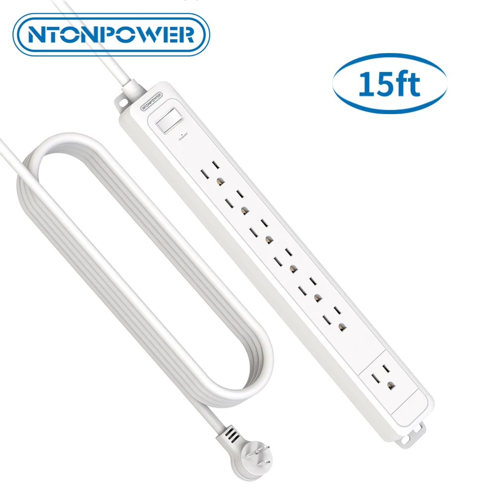 

NTONPOWER Wall Mounted 7 Outlets US Multi Power Strip Surge Protector 1080J With 15Ft Extension Cord for Kitchen Office Home