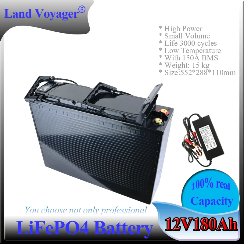 

12V 150Ah 180Ah Lifepo4 battery Lithium iron phosphate BMS 4S 12.8V for Solar energy storage Caravan + 14.6V 10A Charger