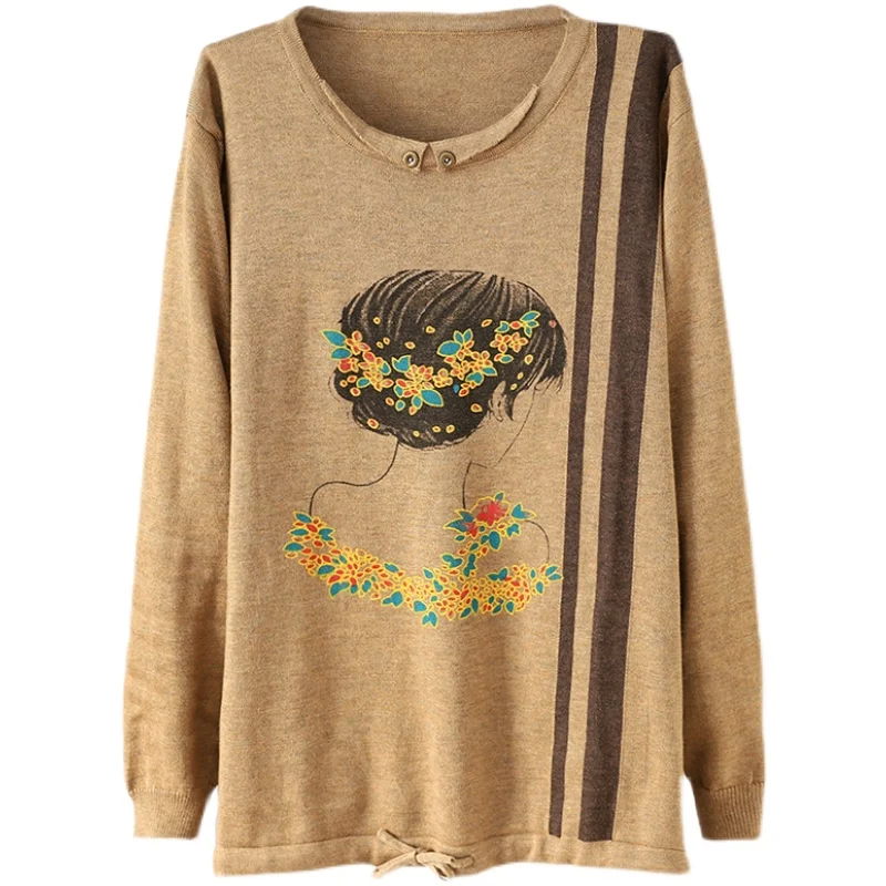 

Vintage literary spring new Cartoon printing pullover sweater women loose Elastic waist fashion long sleeve knitwear