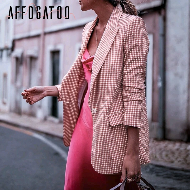 Женский клетчатый Блейзер на пуговицах с длинным рукавом и карманами|Женские