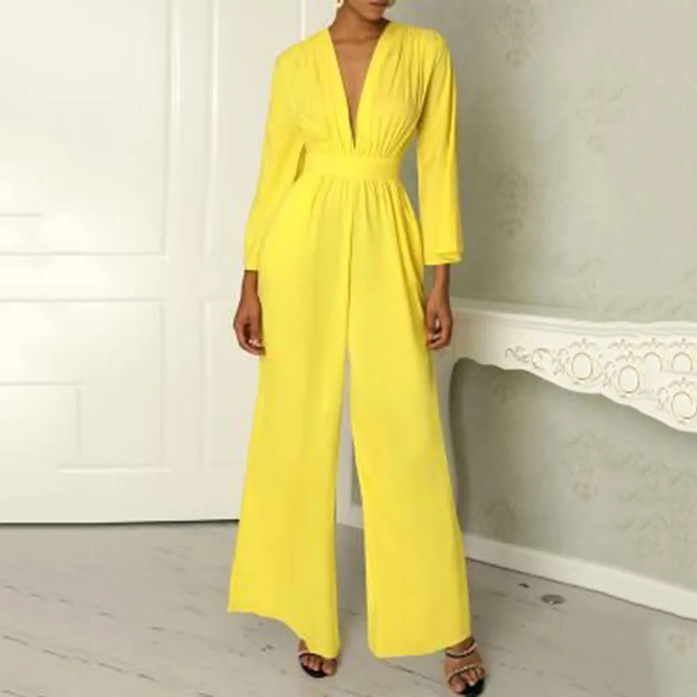 

New 2021 Autumn Women's Jumpsuit Fashion Loose Casual Solid Color Deep V-neck High Waist Long Sleeve Temperament Commute