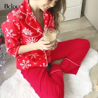 bclout snow pattern cute pajamas set christmas 2 piece set women winter print home suit sets pocket red loungewear two piece set