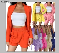 hot sale 2021 new women sets summer long sleeve cardigan blazer shorts solid 2 two piece set lady casual short suits plus size