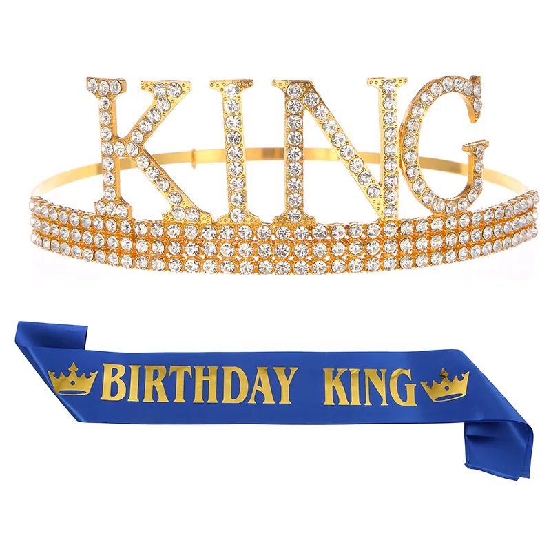 

Gold King Crown Sash for Birthday Boys Adult Satin Sash+Silver Crystal Crown Tiara Birthday King Sashes Man Birthday Decoration