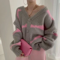 2021 autumn winter new women long sleeve knitted cardiagn fashion single breasted stripe jumper female casual loose knit coats