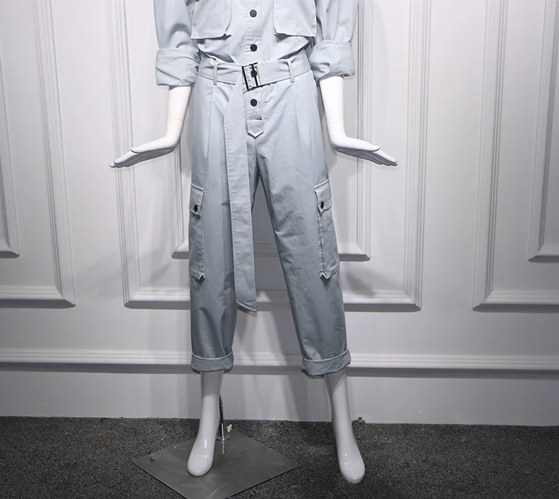 

Jumpsuits for Women 2019 Winter Cotton Turn Down Collar Single Breasted Long Sleeve Jumpsuit Straight Loose Jumptsuit with Belt