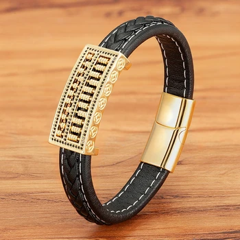 Ancient Abacus Black Leather Men Bracelet - Punk Stainless Steel 5