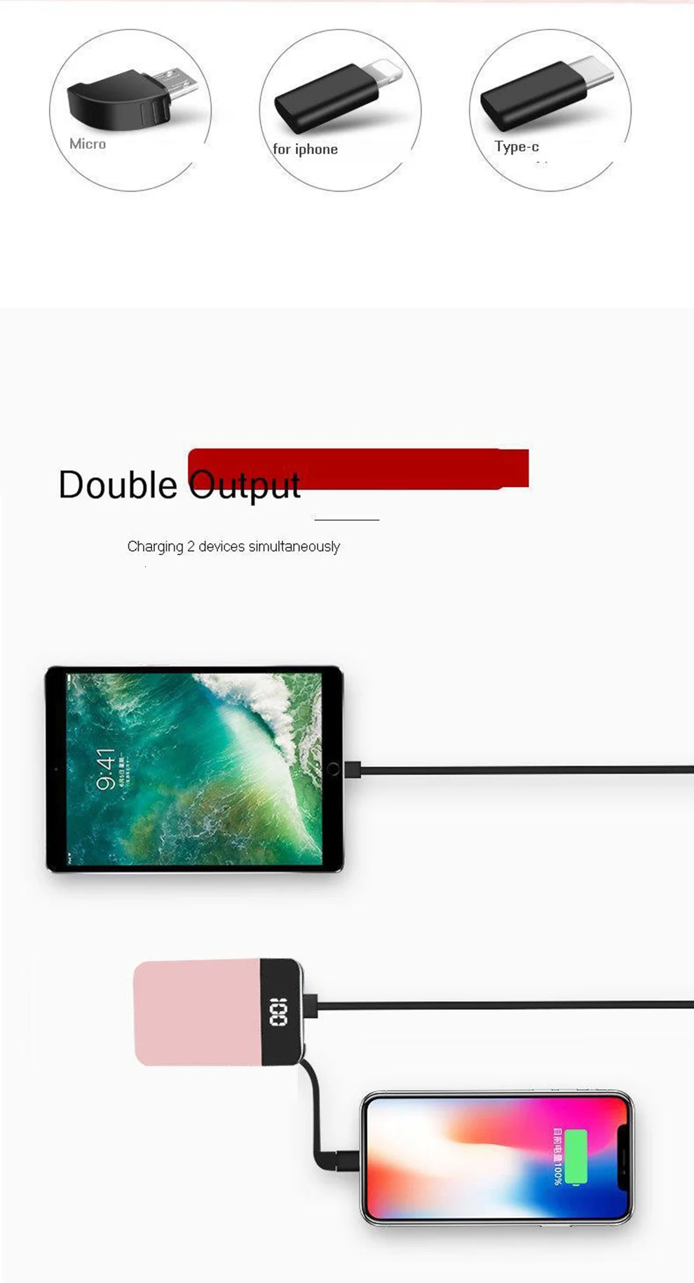 Vogek 6000 мАч Внешний аккумулятор для iPhone samsung, внешний аккумулятор, ультратонкий Встроенный кабель 3 в 1, мини внешний аккумулятор, светодиодный дисплей
