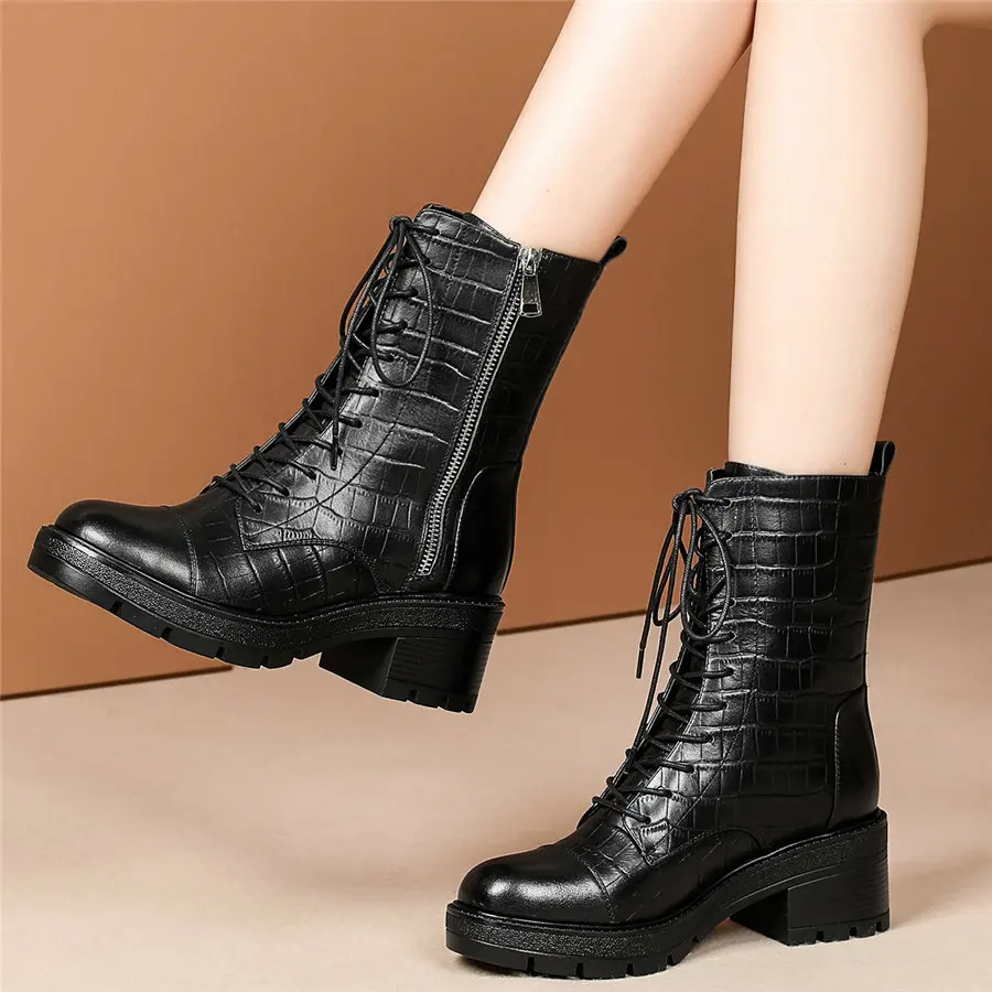 

Winter Warm Shoes Women Lace Up Genuine Leather Chunky High Heel Riding Boots Female High Top Round Toe Platform Pumps Shoes