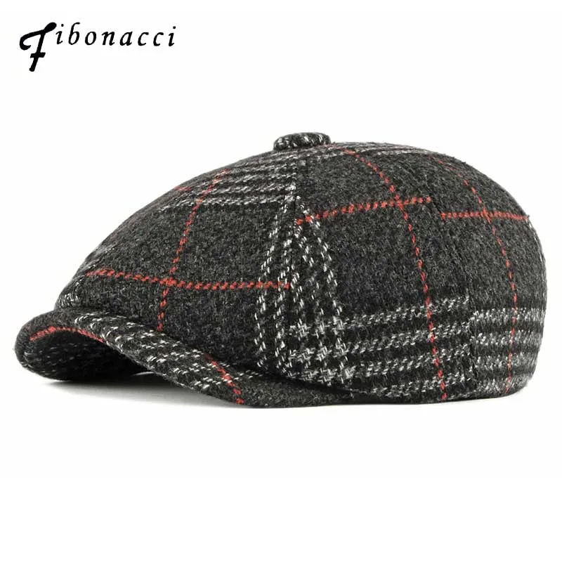Fibonacci Autumn Winter Wool Beret Men Dad Hat Brand Quality Plaid flatcap vintage newsboy cap