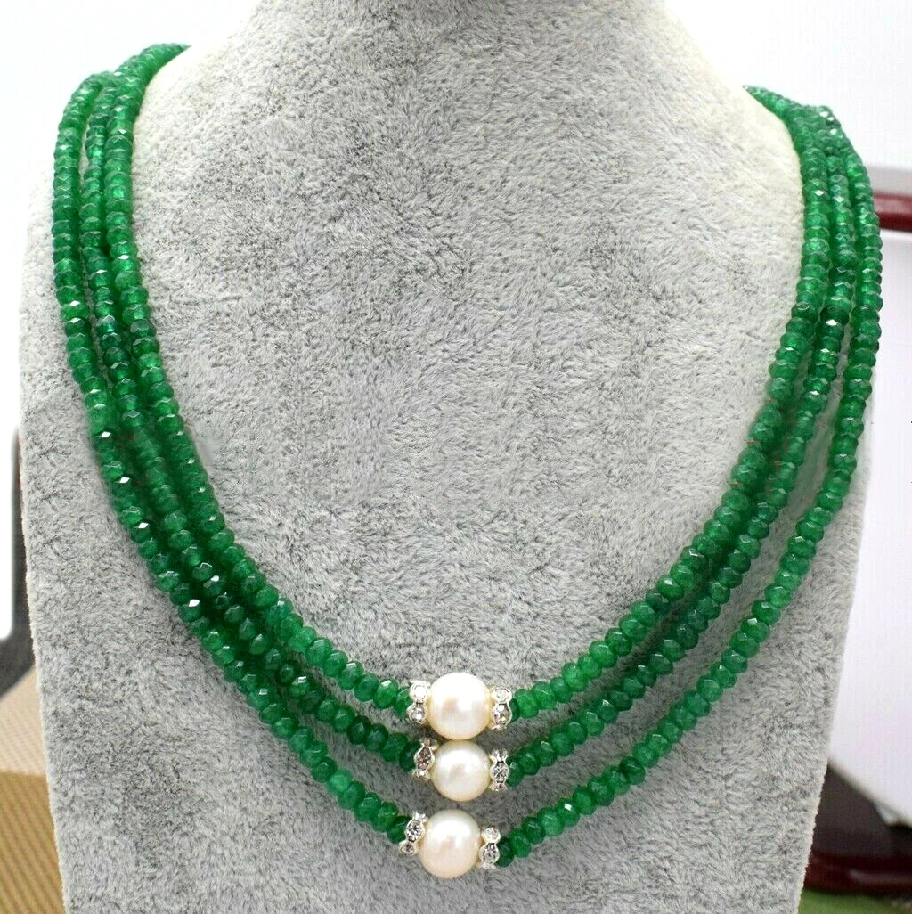 

3rows 2x4mm Faceted 3color green Emerald red jade & 9-10mm white freshwater pearls necklace 17"-19"