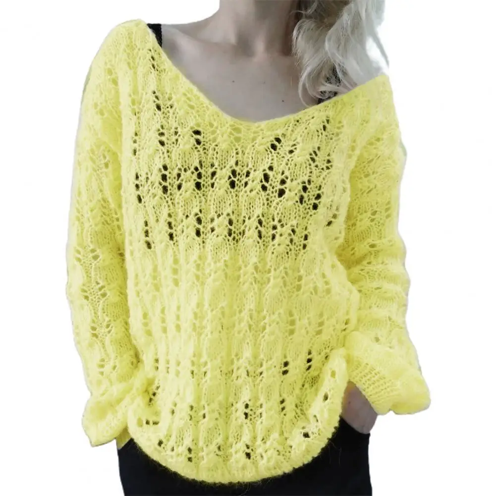 

Женский трикотажный свитер с вырезами, однотонный тонкий вязаный Топ с круглым вырезом, свитер с вырезами, уличная одежда, осень-зима