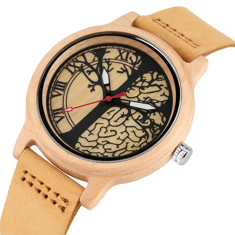 

REDFIRE Stylish Printing Life Tree Display Women's Maple Wood Watch Soft Genuine Leather Watch Band Casual Ladies Wristwatches