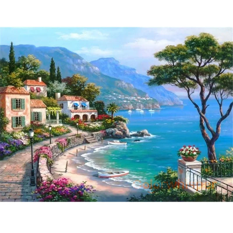 Алмазная живопись полная выкладка вышивка крестиком побережье горы город