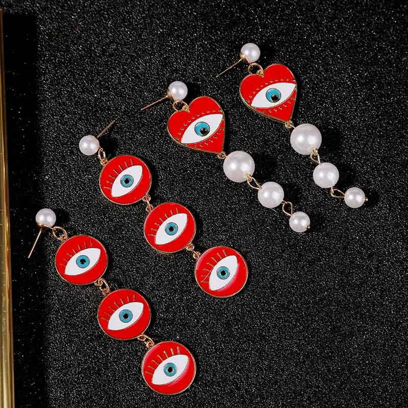 Statement Red Enamel Evil Eye Earrings For Women 2020 Fashion Gold Round Circle Handmade Pearl Drop Earring Party Jewelry | Украшения и