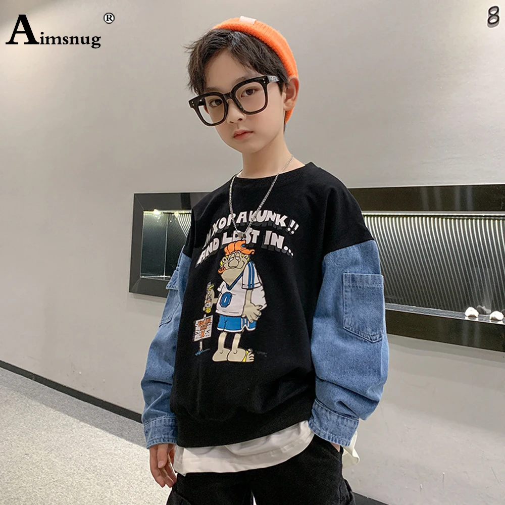 

Children Fashion Loose T-shirt Kids Clothes Boys Patchwork Jean Shirts Casual Pullovers Long Sleeve Letter Cartoon Print Top