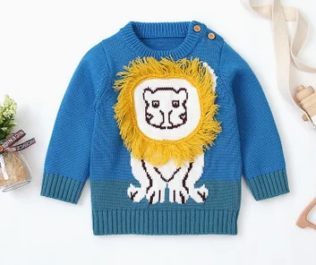 

Toddler Autumn Wear, Warm O-Neck Long-Sleeves Pullover Sweater with Cute Cartoon Lion Pattern for Little Boy, Blue