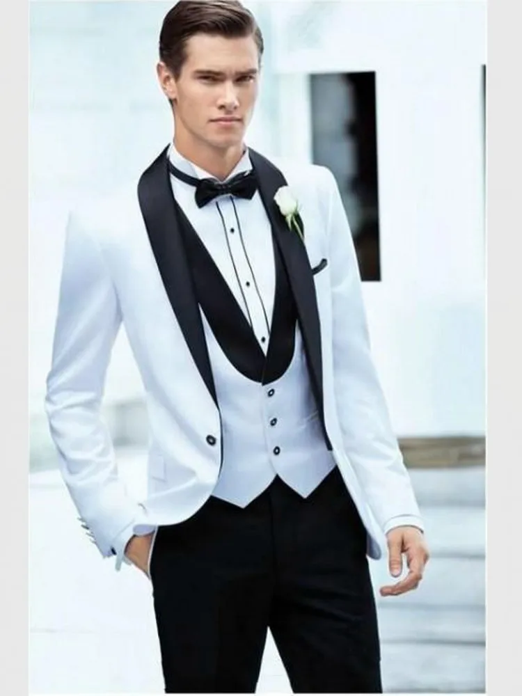 Slim Fits White Groom Tuxedos Handsome Mens Dinner Prom Dress Business Suits Coast Waistcoat Trousers Sets Can Customize K:2626