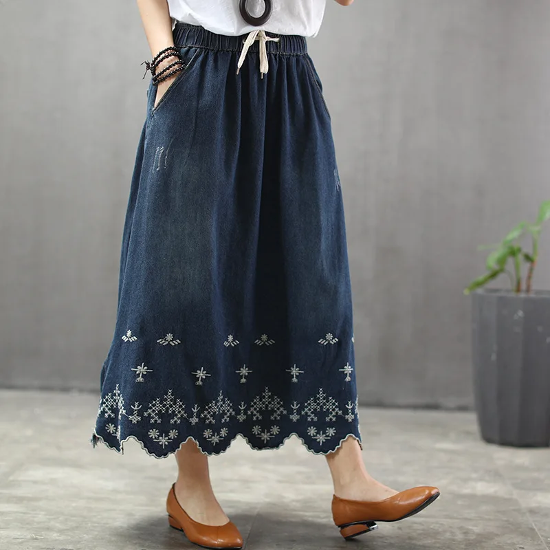 Новые женские юбки до середины икры с вышивкой и кисточками из хлопка денима