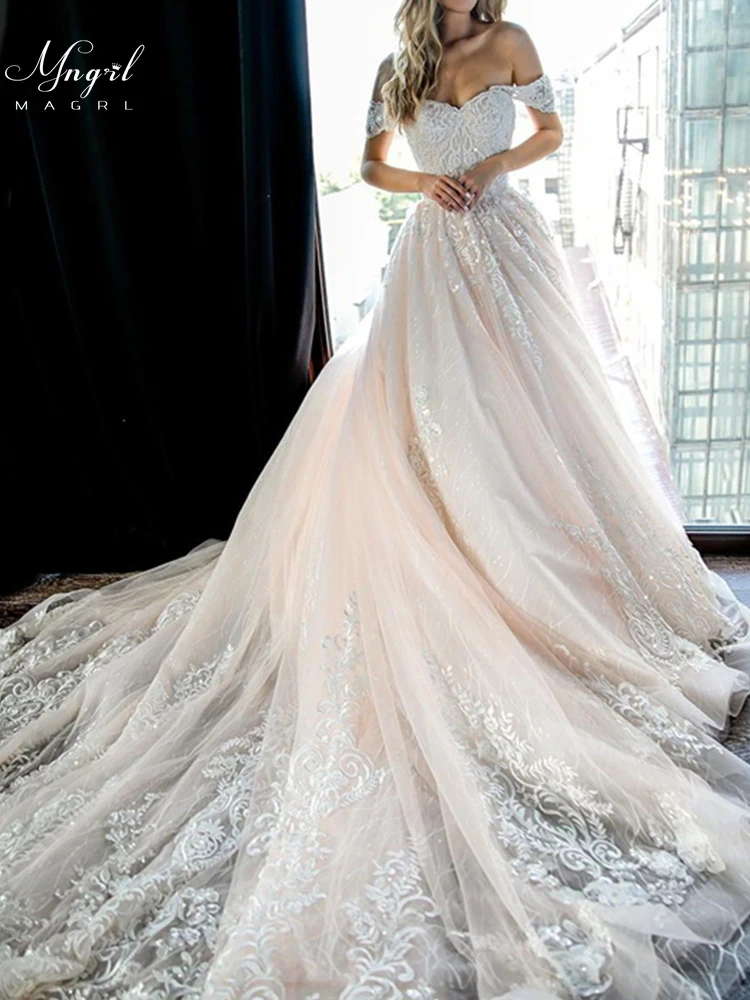 

MNGRL Luxury Retro One-Shoulder Sleeveless Bridal Dresses White Lace 3D Flower Sequins Plus Size Tail Wedding Dress