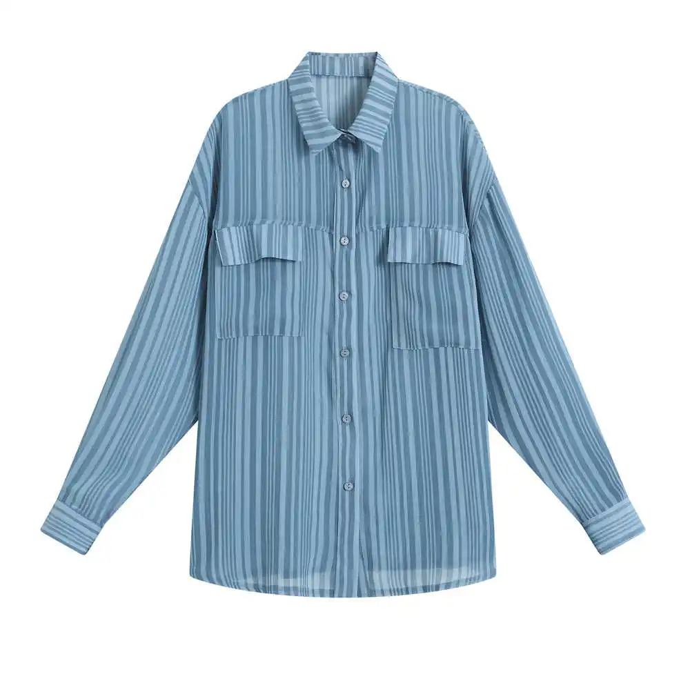 

Chic Fashion Thin Oversized Shirt Women Blouse 2021 Transparent Blue Striped Long Sleeve Size Tops Women Clothing dames blouse