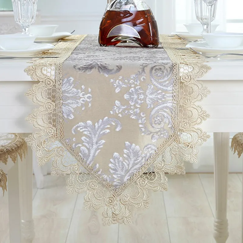 Элегантная голубая вышитая настольная дорожка столовая посуда с кружевным