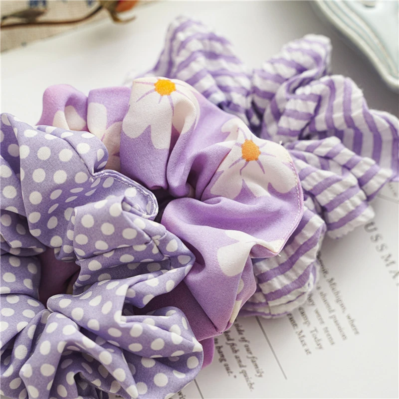 

Big Flower Dots Floral Print Sweet Scrunchie Purple Hair Rope Women Plaid Striped Hair ties Elastic Hair Bands Hair Accessories