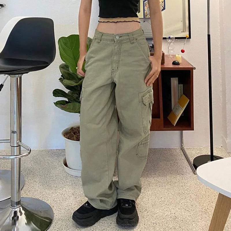 Vintage Low Rise Jeans Cargo Pants Women Denim Trousers Y2K Pocket 90s Aesthetics Loose Korean Fashion Egirl Wide Leg Streetwear