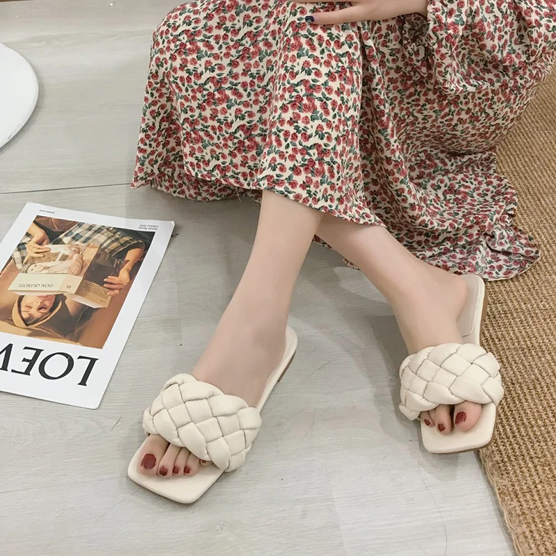 

Chic Women Slippers 2021 Hot Women Weave Slippers Flat Shoes Fashion Leisure Shoes Blue Beach Shoe Charm Office Women Slippers