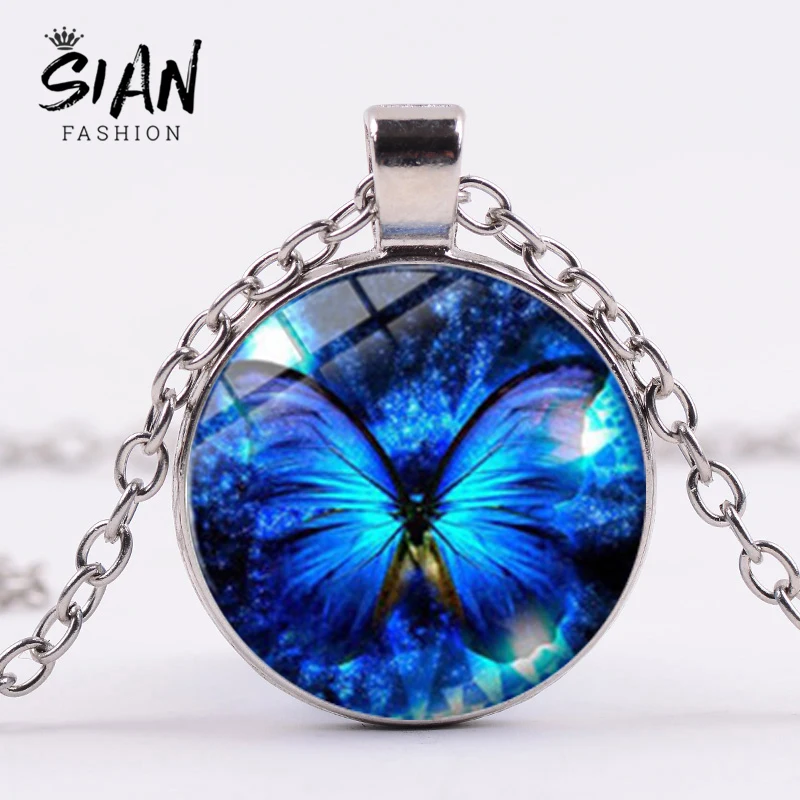 Азиатских синий кулон в форме бабочки яркие Яркие животных стимпанк Длинная