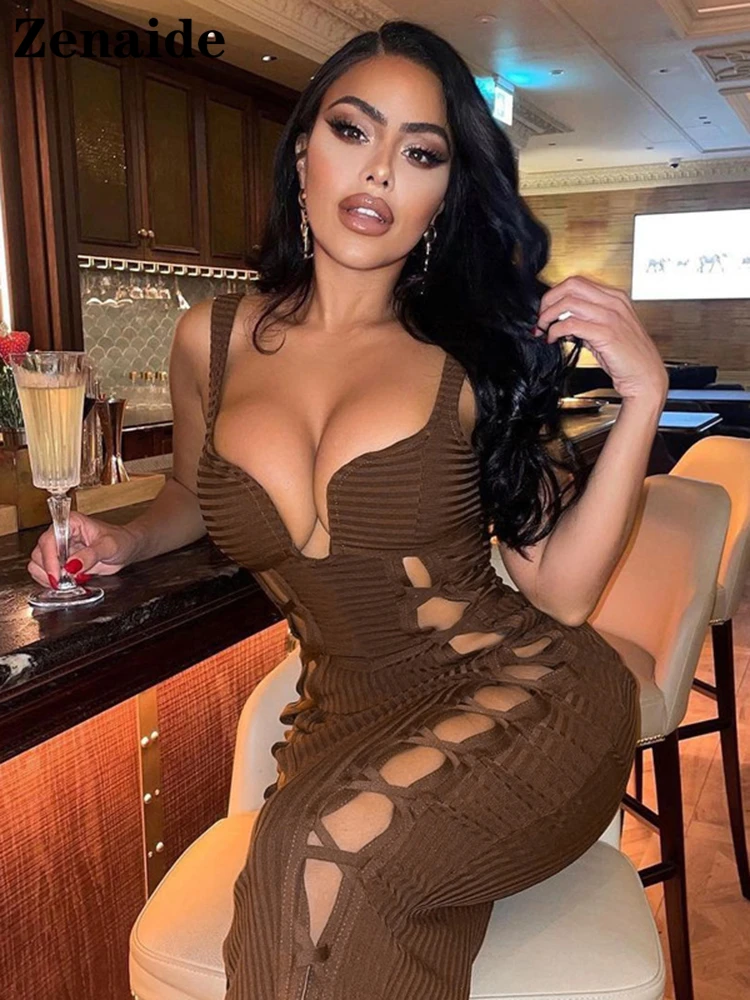 

Zenaide Sleeveless Hollow Out Dress Midi Bodycon 2021 Autumn Winter Strap Brown Women Sexy Party Bandage Dresses Black Club
