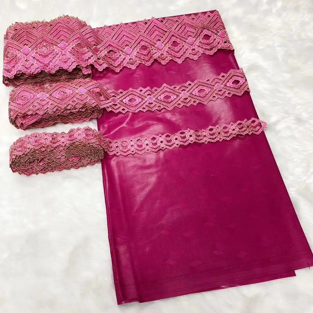 

Wine red 5Yards African Bazin Riche Lace Fabric+15Yards Lace Ribbon High Quality French Tulle Lace Fabric For Nigerian Bridal LC