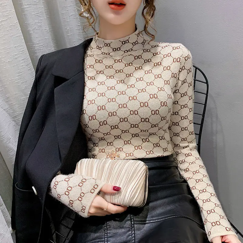 

Semi-high collar jacquard pullover sweater Women's Western style slim knit autumn and winter 2020 new top inner base shirt Women