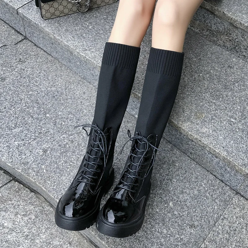 Модные черные женские Ботинки Martin на платформе Эластичные вязаные сапоги до