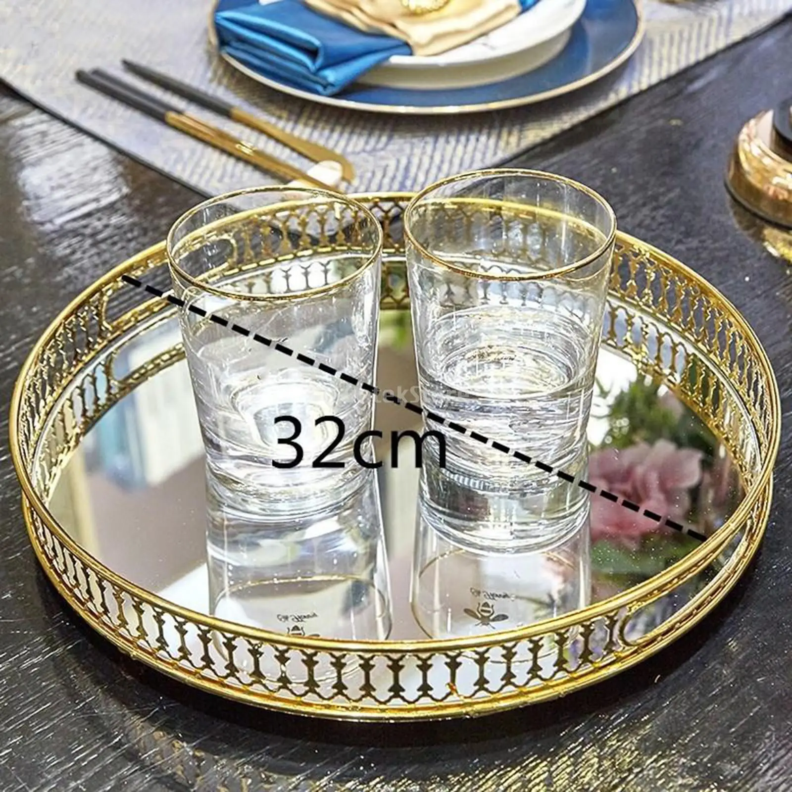 

Crystal Mirrored Cosmetic Tray Organiser Metal Decorative Vanity Tray Holder For Perfume Shower Gel Cosmetics Makeup Storage