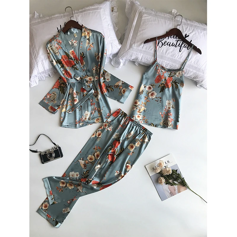 2020 New 3 PCS Women Pajamas Sets with Pants Sexy Pyjama Satin Flower Print Nightwear Silk Negligee Sleepwear | Женская одежда