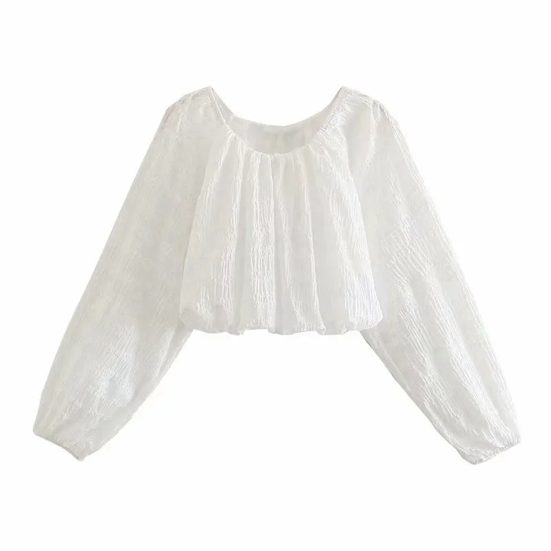 

Casual White Crop Tops Women Lantern Long Sleeve Retro Embroidery Chic Lace Blouses 2021 Fashion Female Shirts